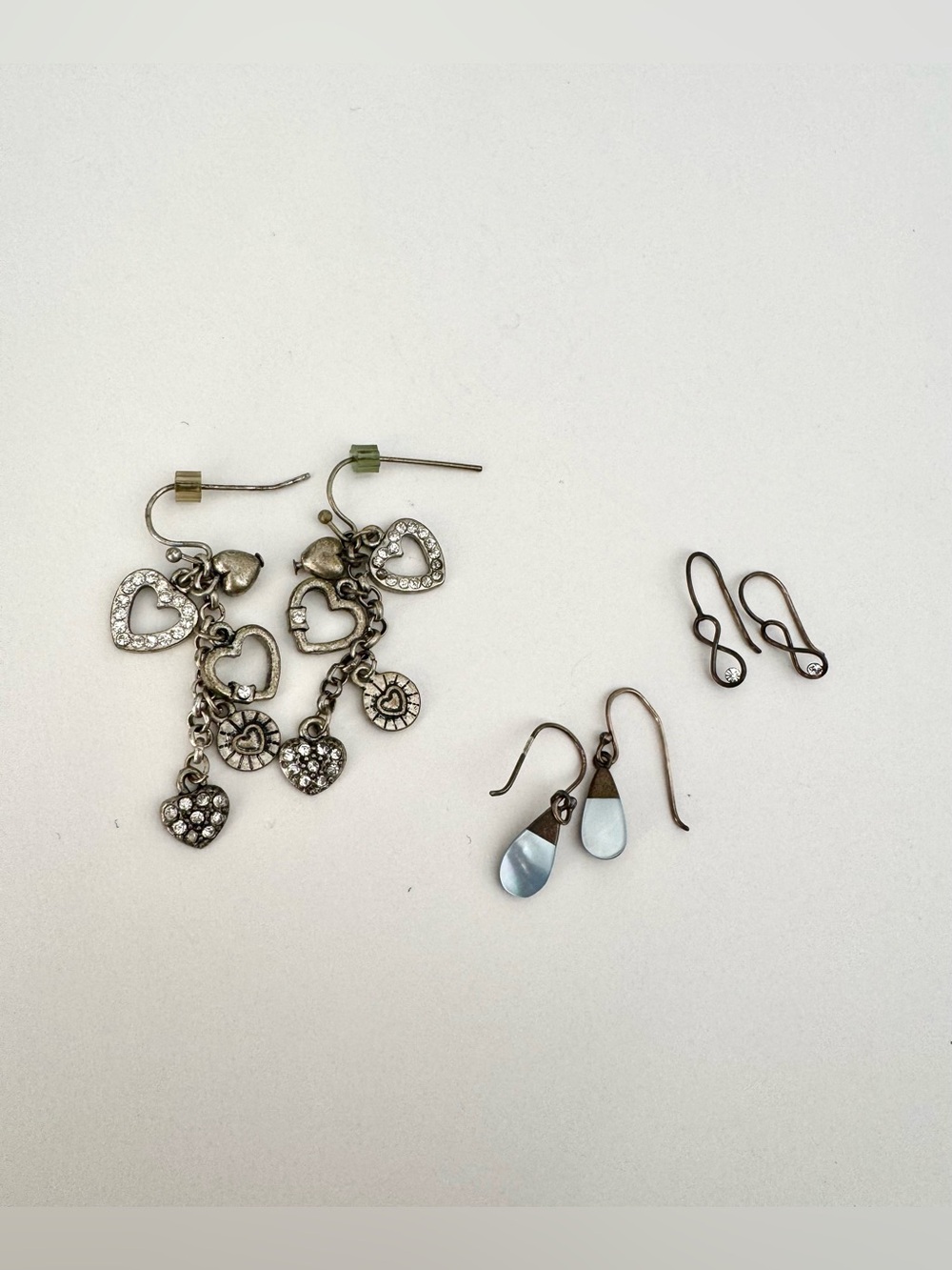 Silver-Tone Heart Charm Dangle Earrings - White Crystal Accents